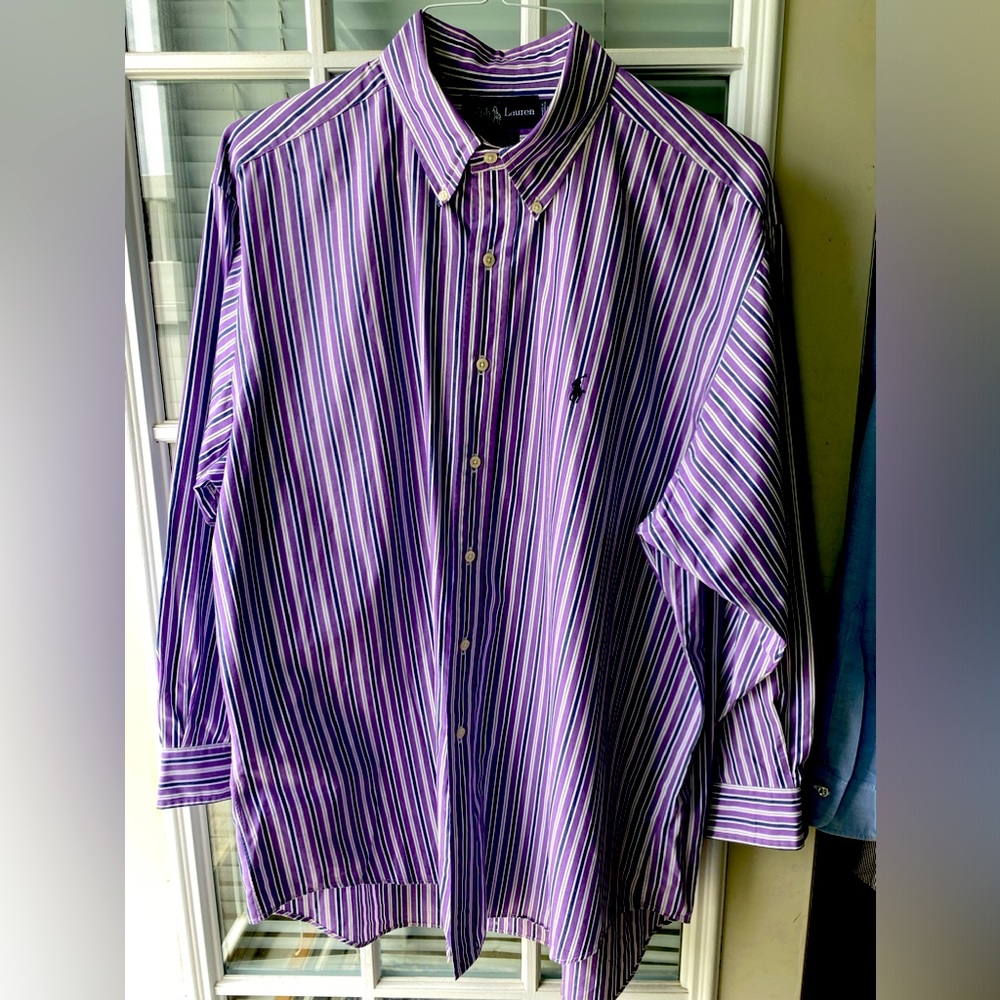 Ralph Lauren Men’s Yarmouth Dress Shirt  Stripes of Purple, Navy and White.